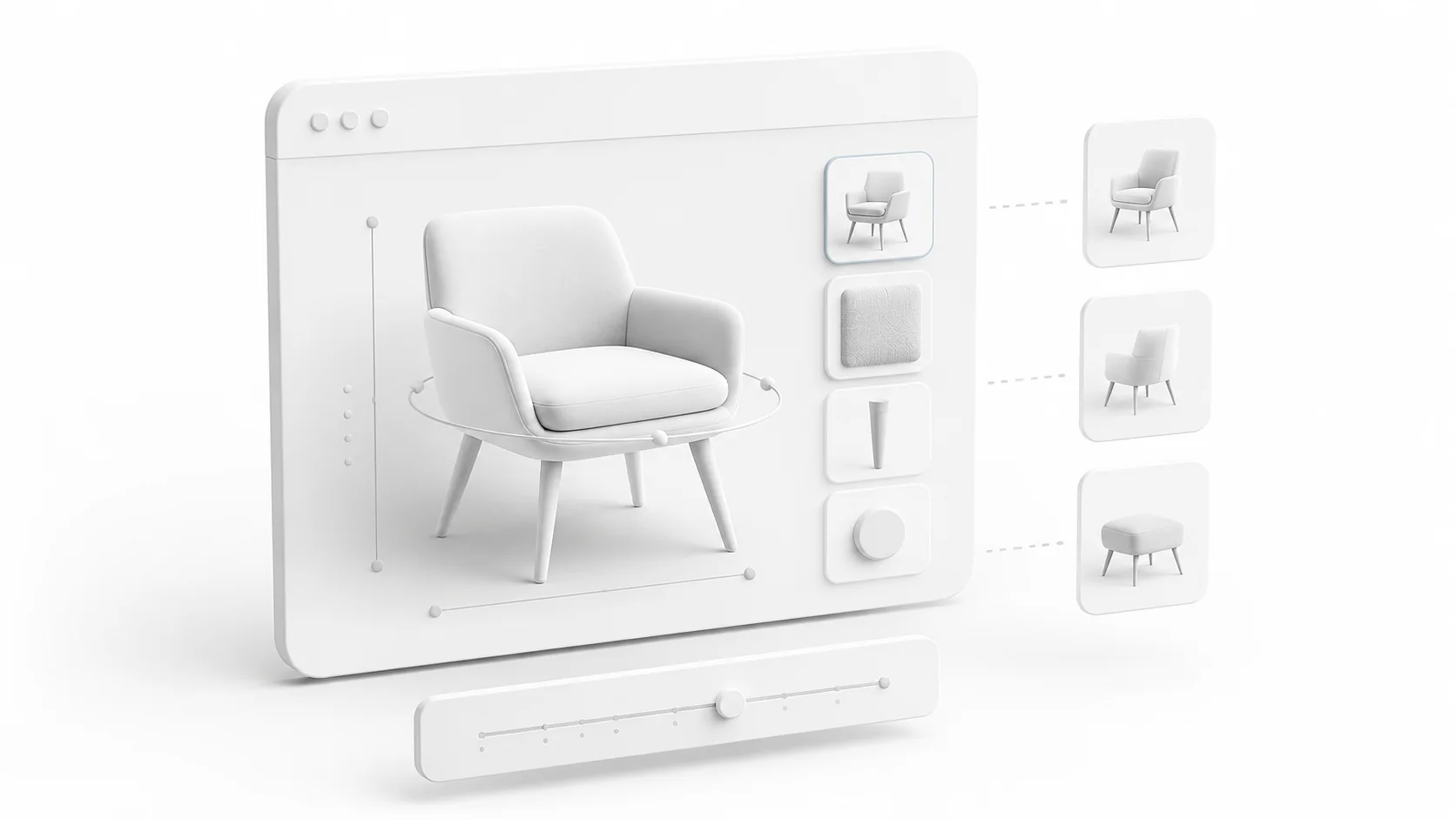 Stylized white 3D interface with a chair in a configurator window and variant options beside it.