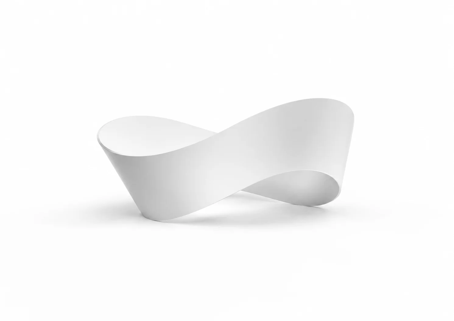 A smooth white sculptural ribbon form floating on a white background.