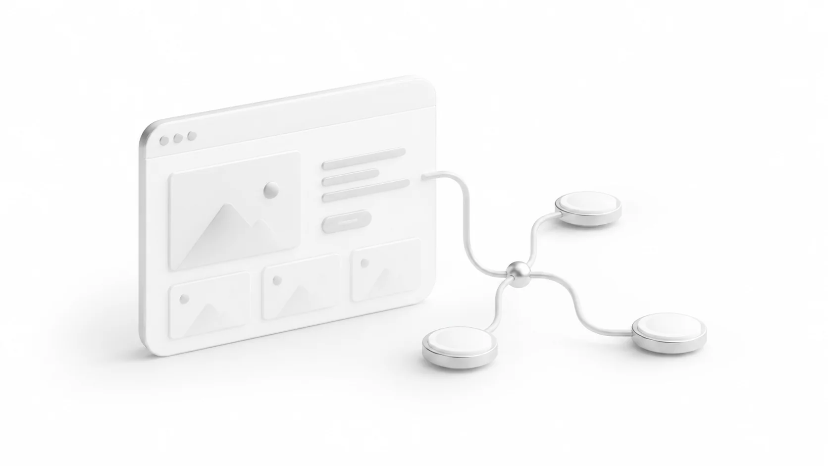 A browser window of content linked to a branching node tree, rendered in soft white 3D.