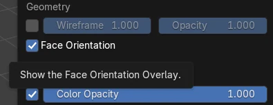 Blender Viewport Overlays menu with Face Orientation enabled.