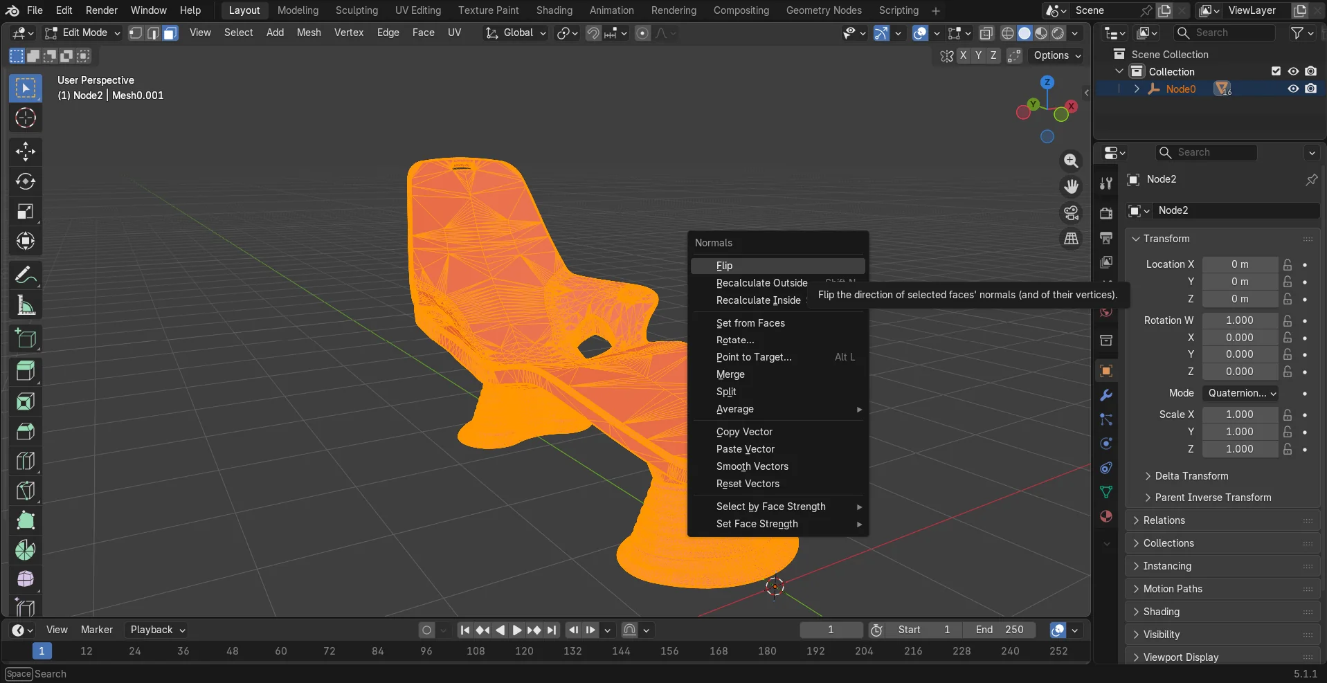 Blender Edit Mode with a product mesh selected and the Normals menu open on Flip.