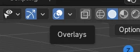 Blender viewport toolbar with the Overlays control highlighted.