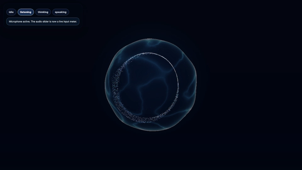 Voice-reactive orb interface with listening state controls.