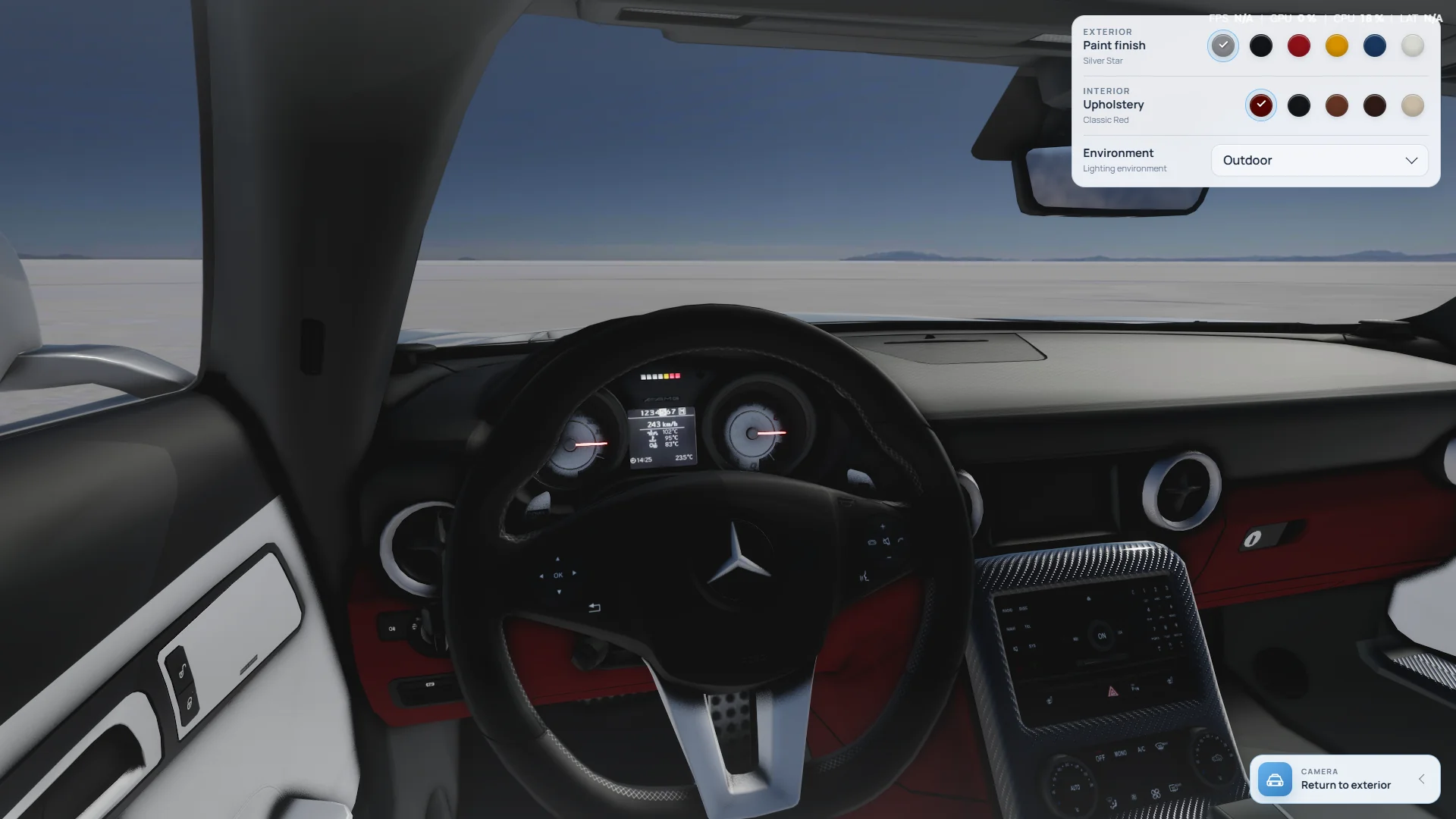 Driver-eye view of the SLS AMG interior with Classic Red upholstery.