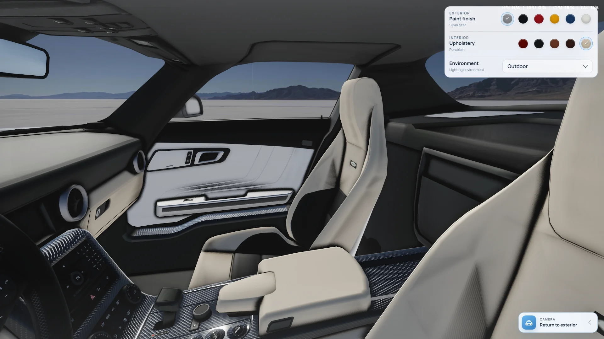 SLS AMG cabin viewed from the driver side with Porcelain upholstery.
