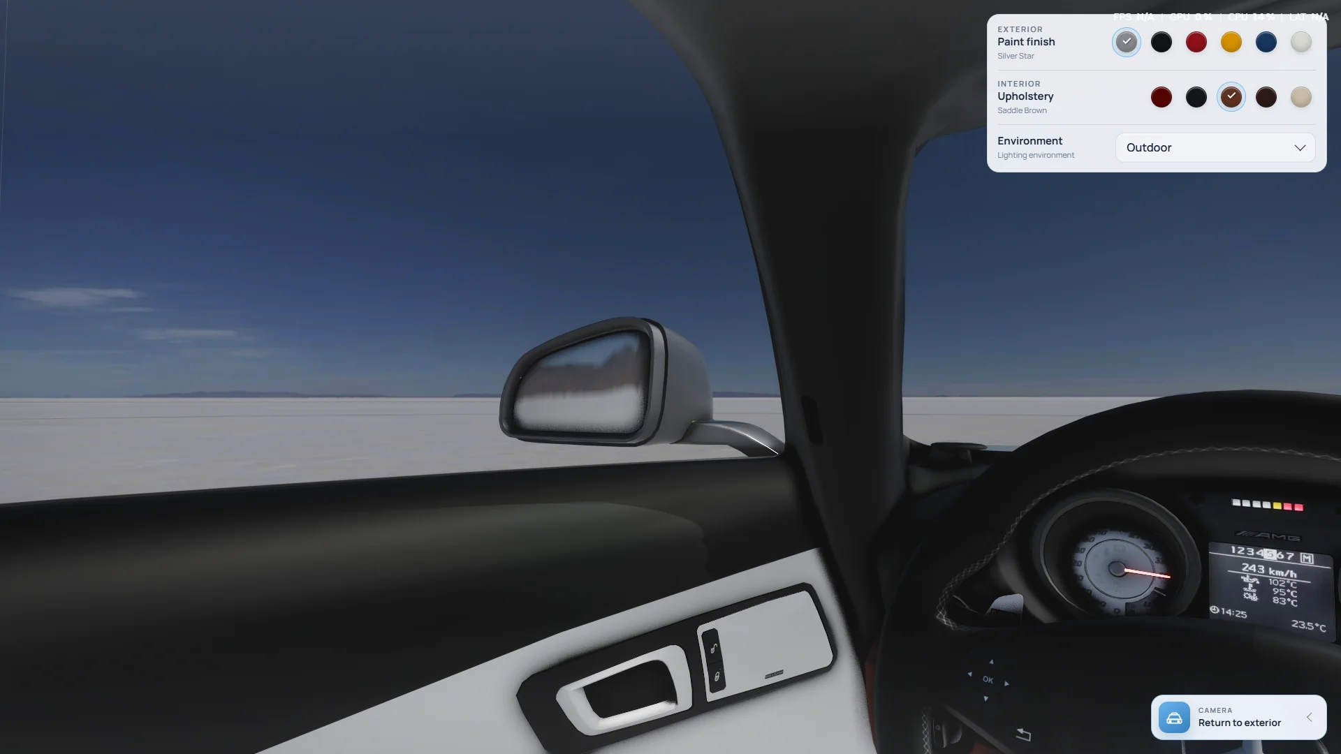 Driver-eye view inside the SLS AMG with Saddle Brown upholstery.