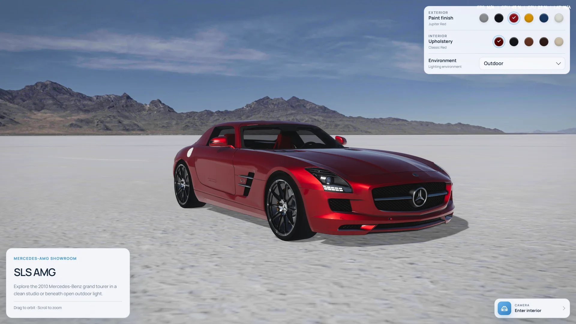 Red Mercedes-Benz SLS AMG shown in the outdoor configurator environment.