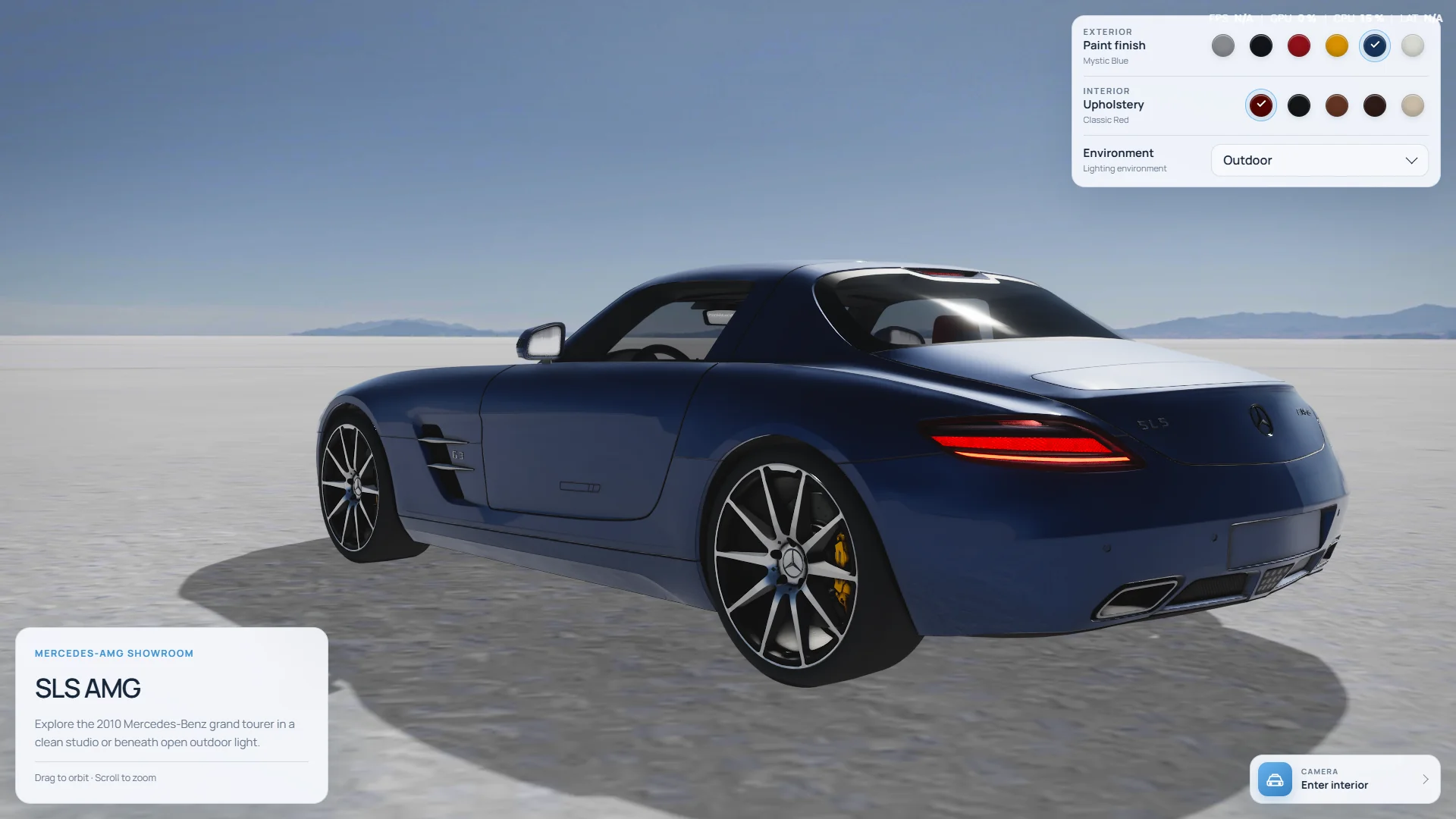 Mystic Blue SLS AMG reflecting sky and salt-field light.