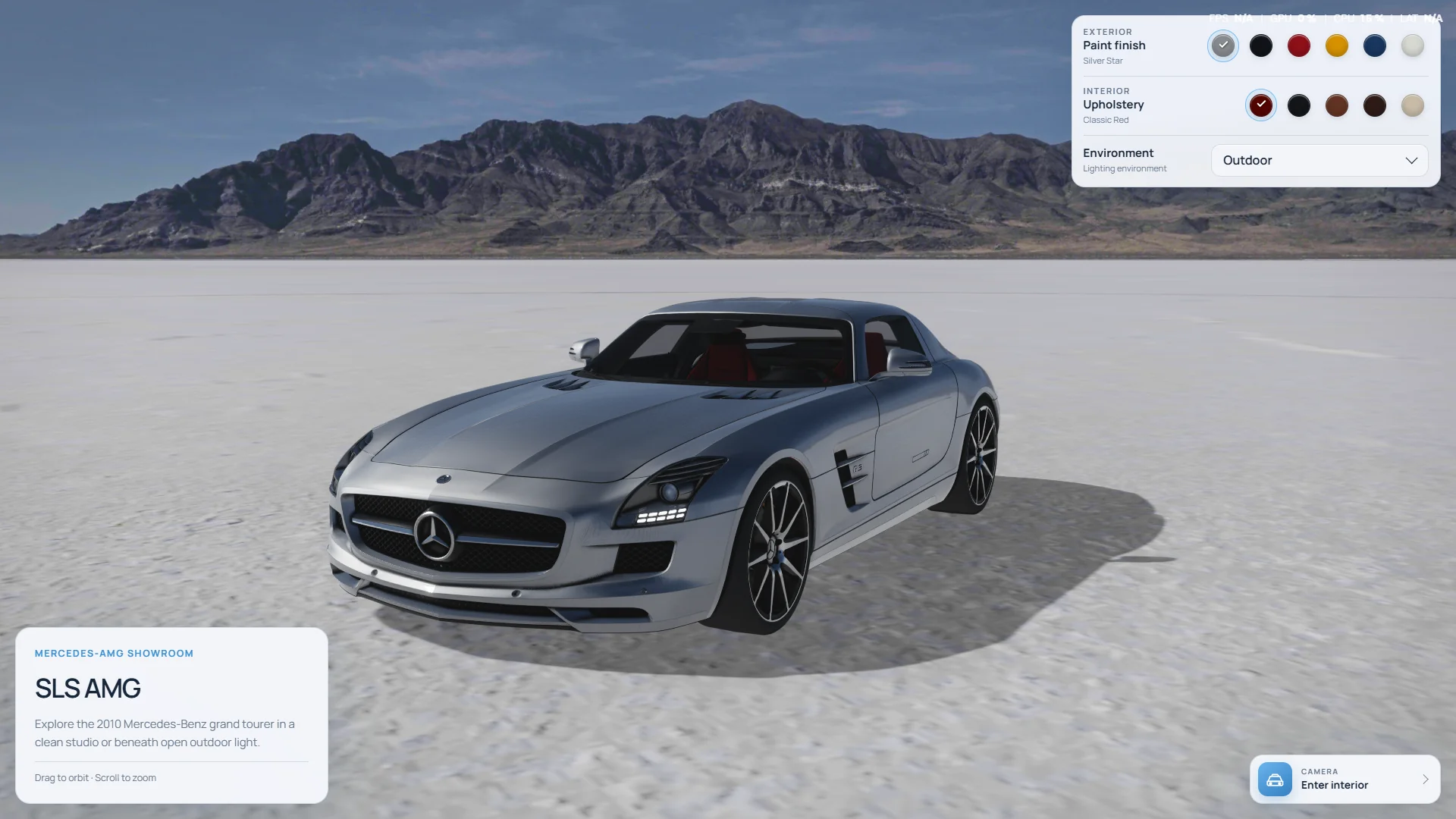 Silver Mercedes-Benz SLS AMG with paint, upholstery, and environment controls visible.