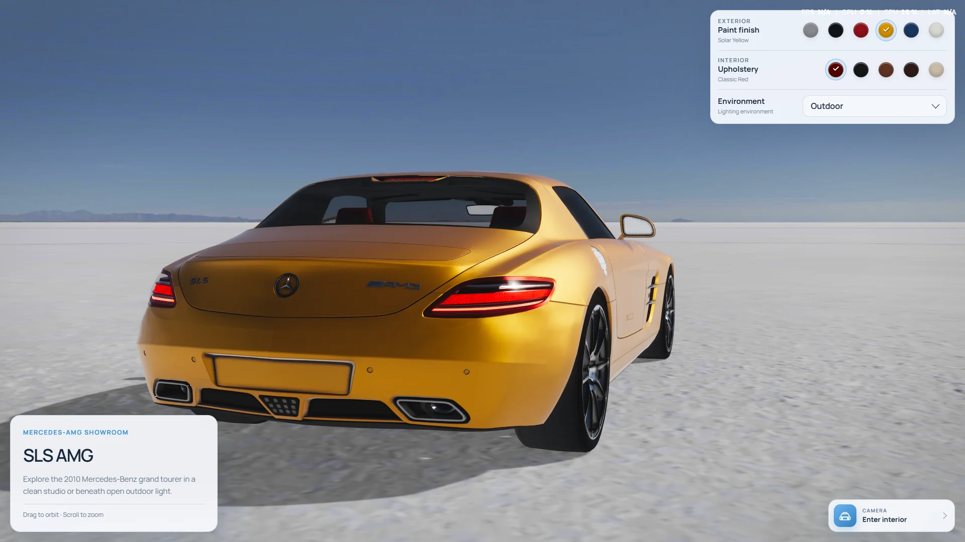 Solar Yellow SLS AMG viewed from the rear in the outdoor environment.