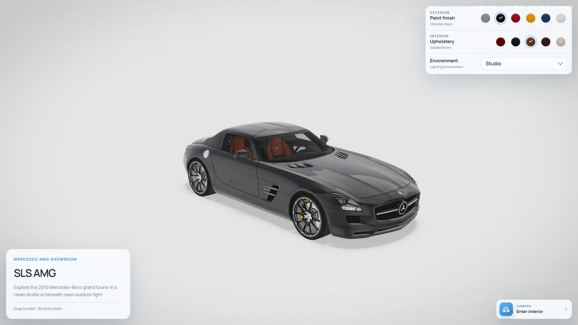 Obsidian Black SLS AMG presented in the neutral studio environment.