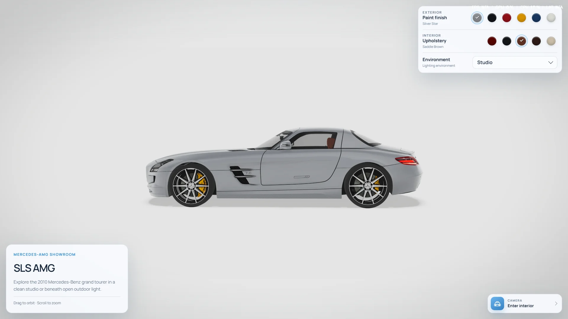 Side profile of a silver SLS AMG in a neutral white studio.
