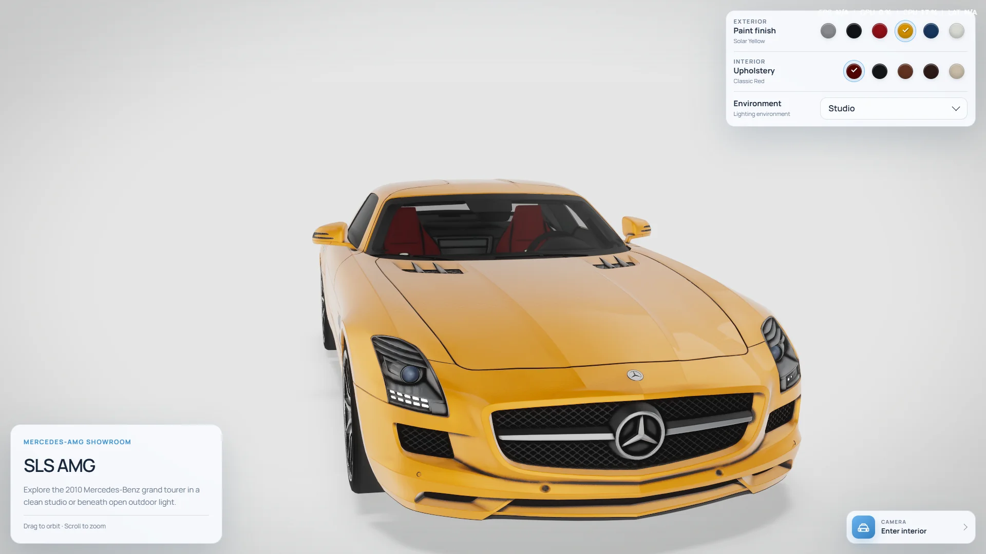 Close front view of a Solar Yellow SLS AMG showing paint, glass, chrome, lights, and grille detail.