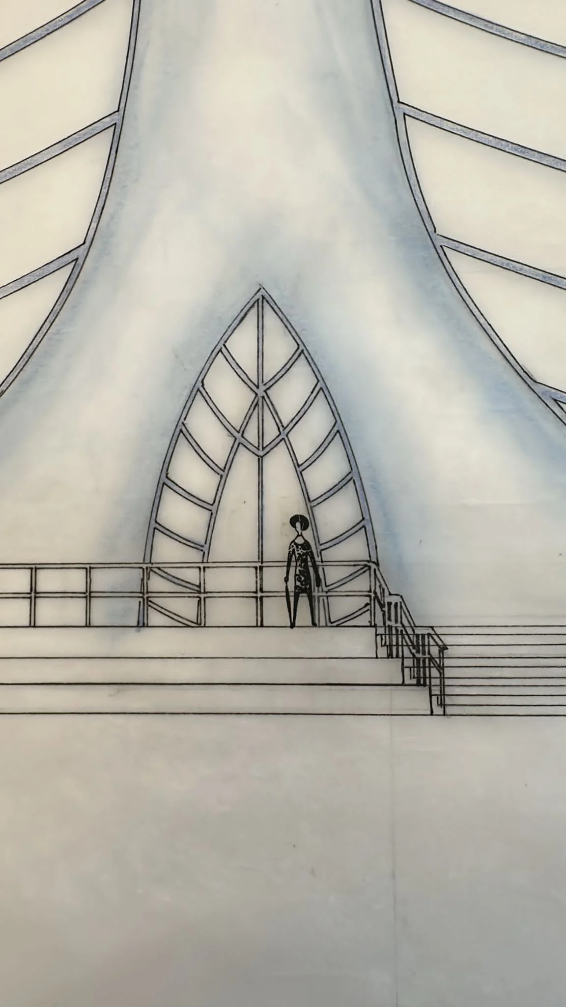 Hand-drawn entrance elevation sketch with a figure for scale.