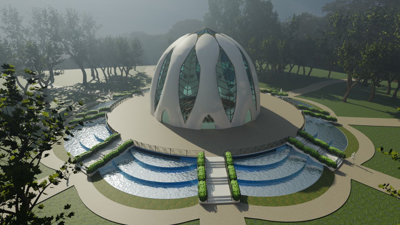 Exterior view of the Bahai temple 3D model.