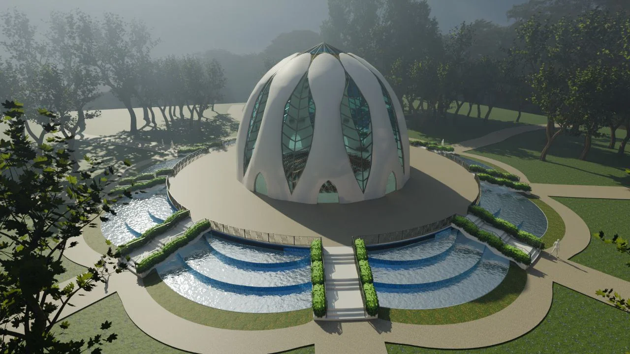 Bahai 3D architectural scene with blue sky and temple form.