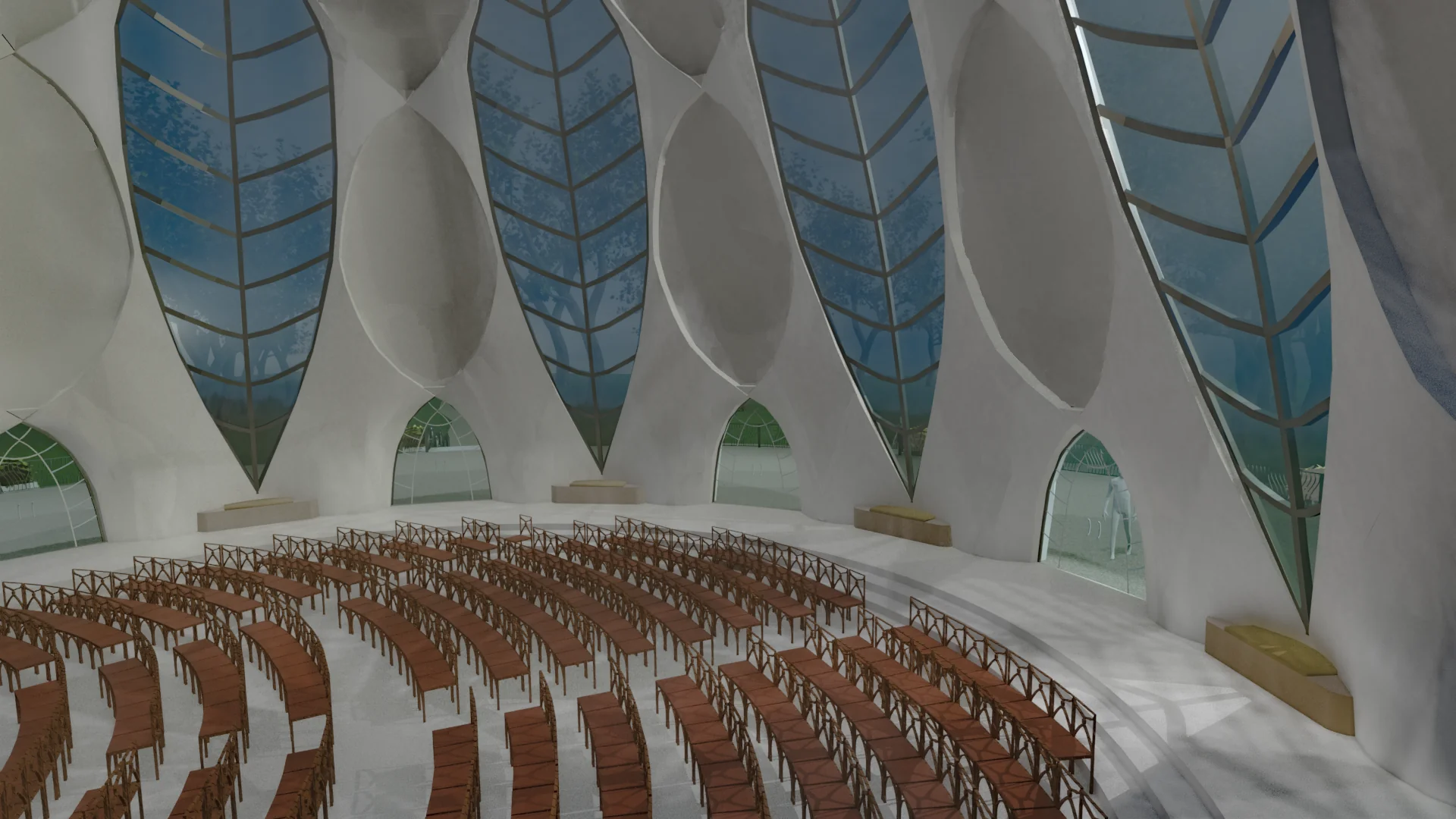 Interior render of the temple prayer hall.