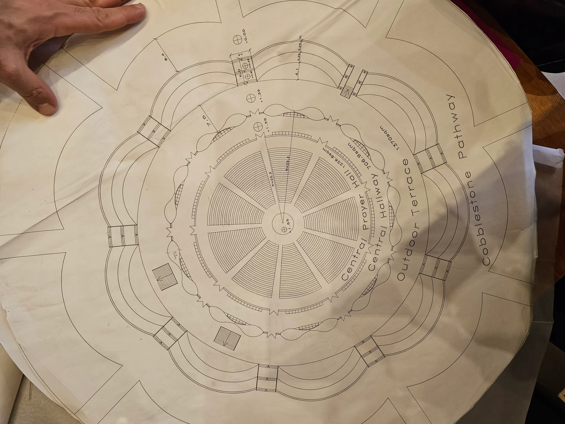 Hand-drawn circular floor plan of the temple with labeled rings.