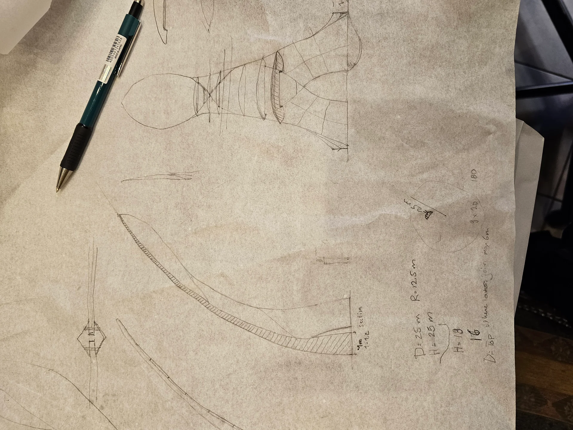 Pencil form studies of the temple with dimensions noted in the margins.