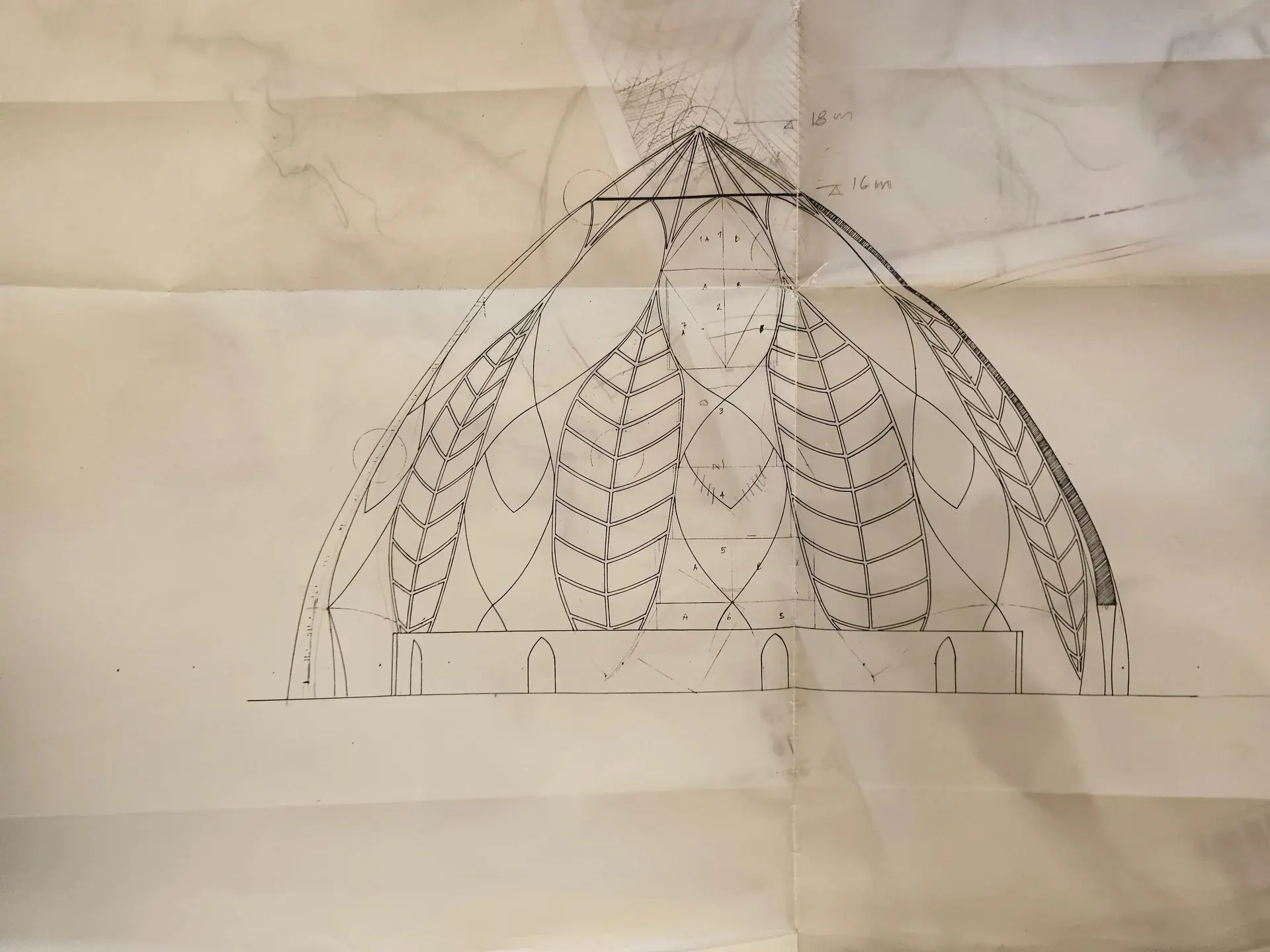 Elevation drawing of the temple dome with leaf-pattern ribs on tracing paper.