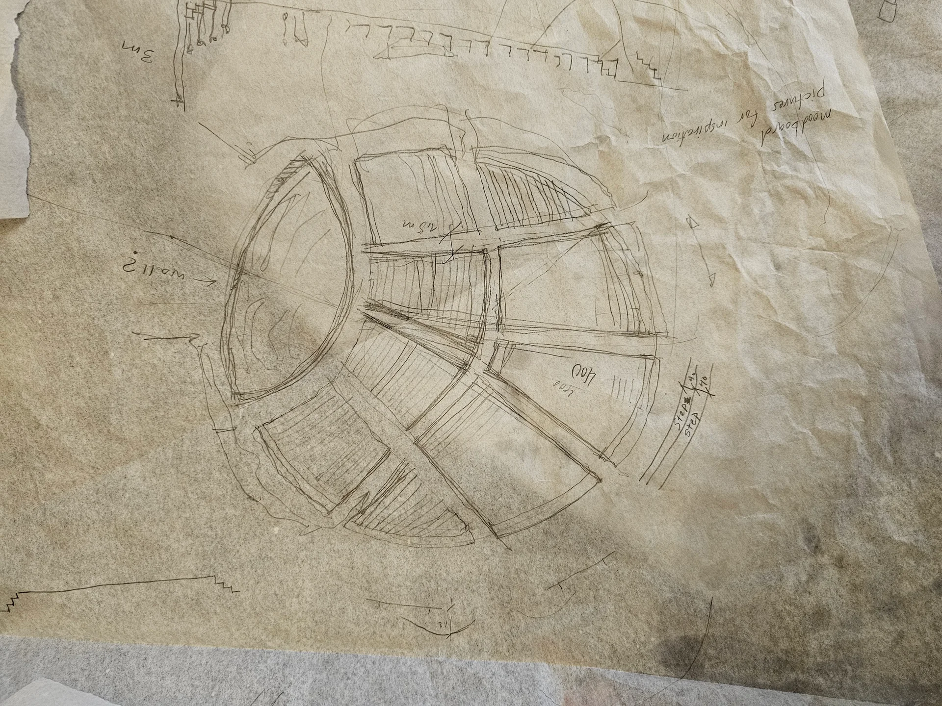 Loose plan sketch of the temple with handwritten notes and open questions.