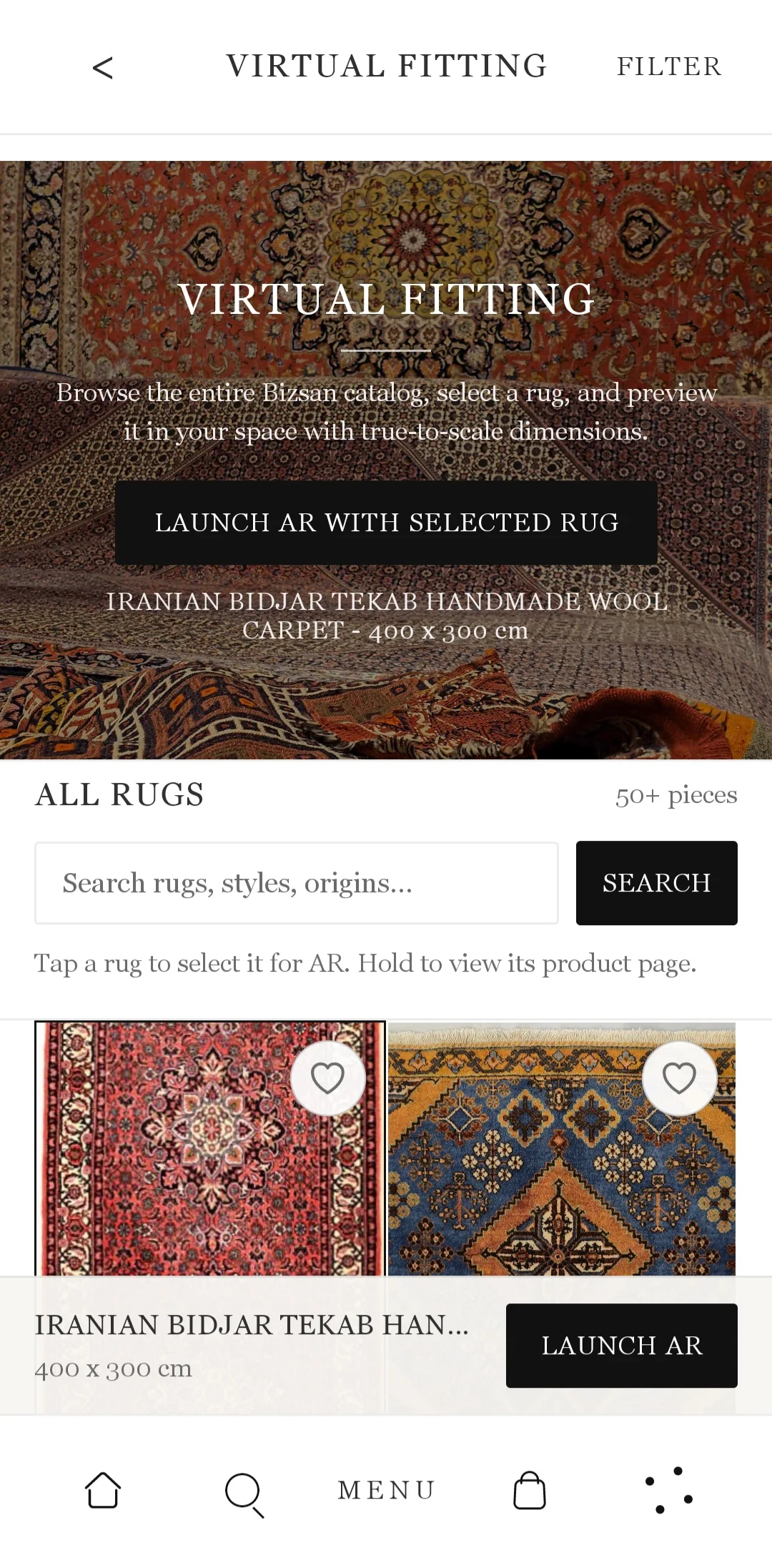 Bizsan mobile app fitting screen with rug placement controls.