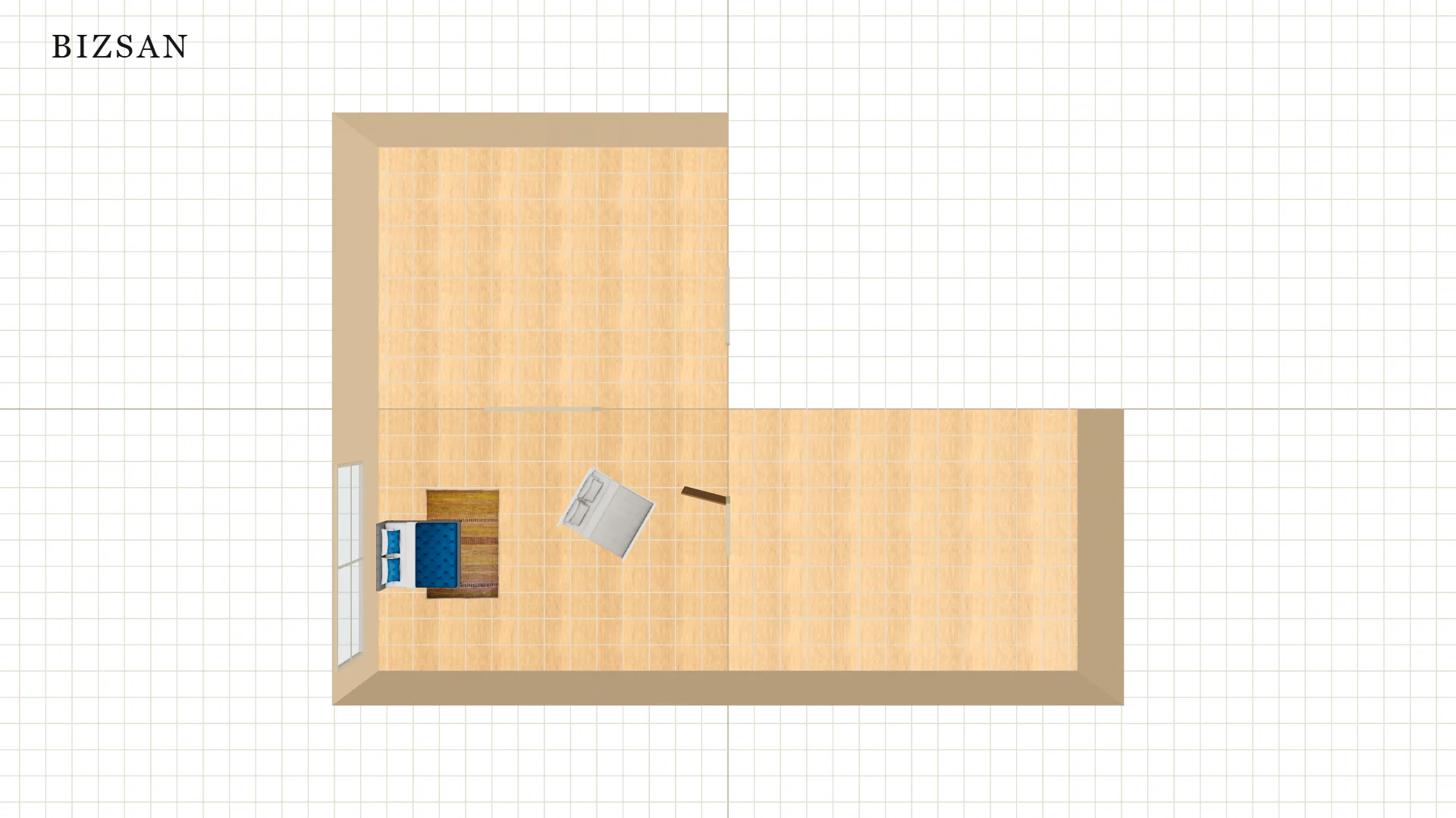 Bizsan 3D room planner with rug catalog and room controls.