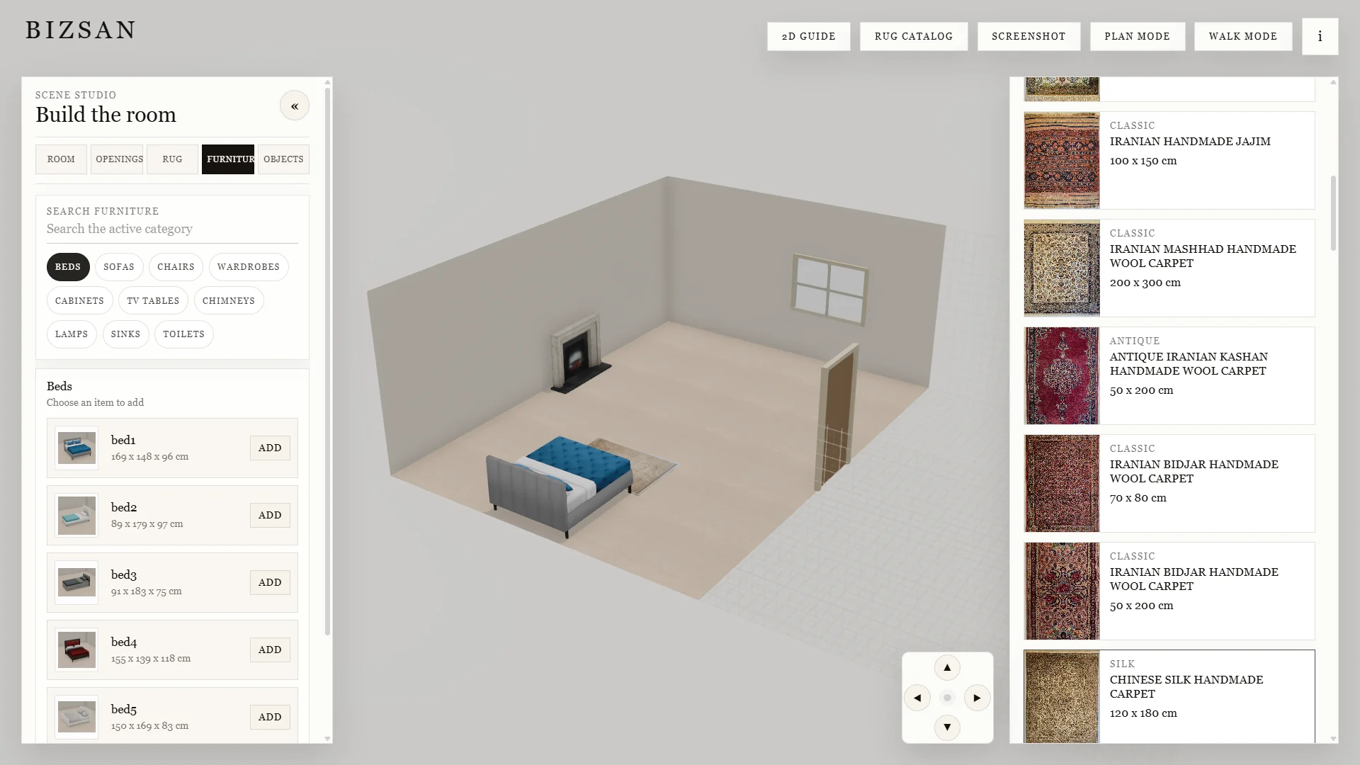 Bizsan 3D room planner interface detail.