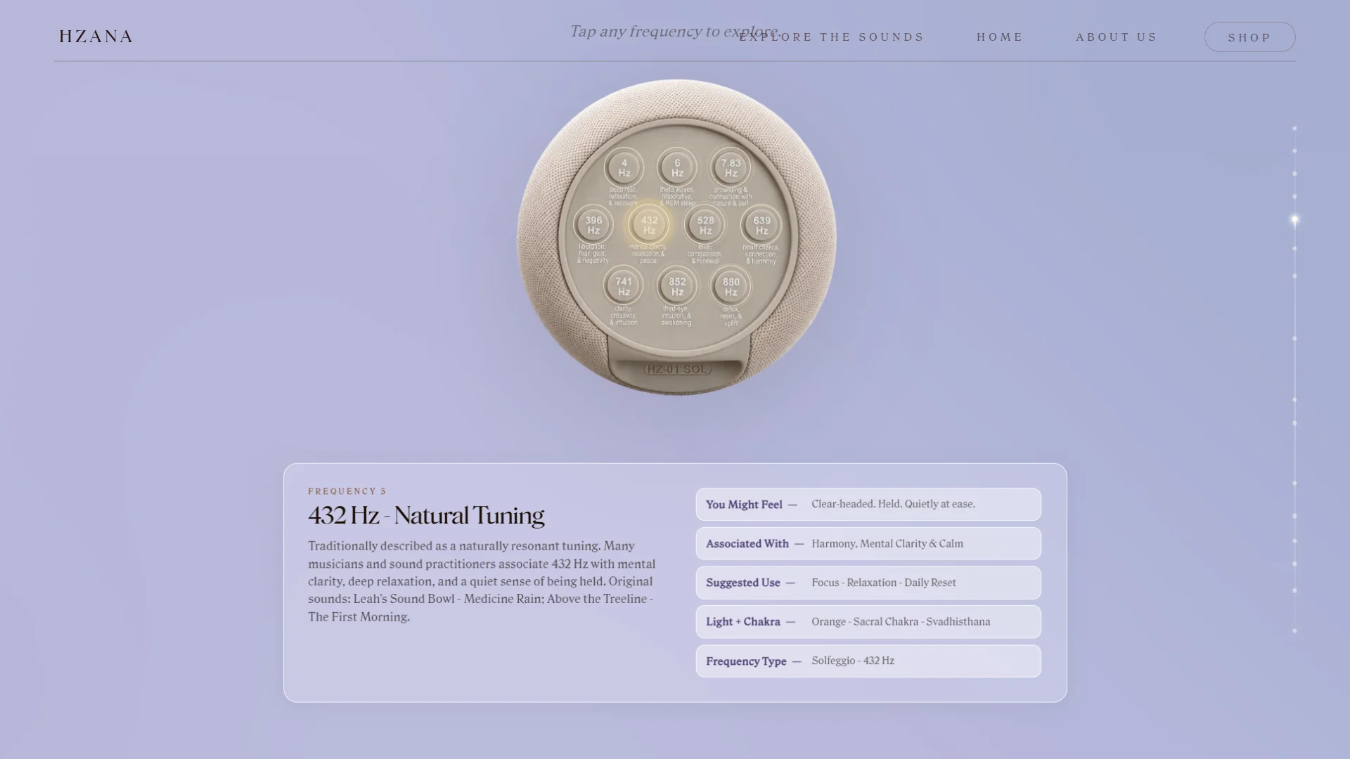 HZANA 432 Hz frequency detail panel with product dial.