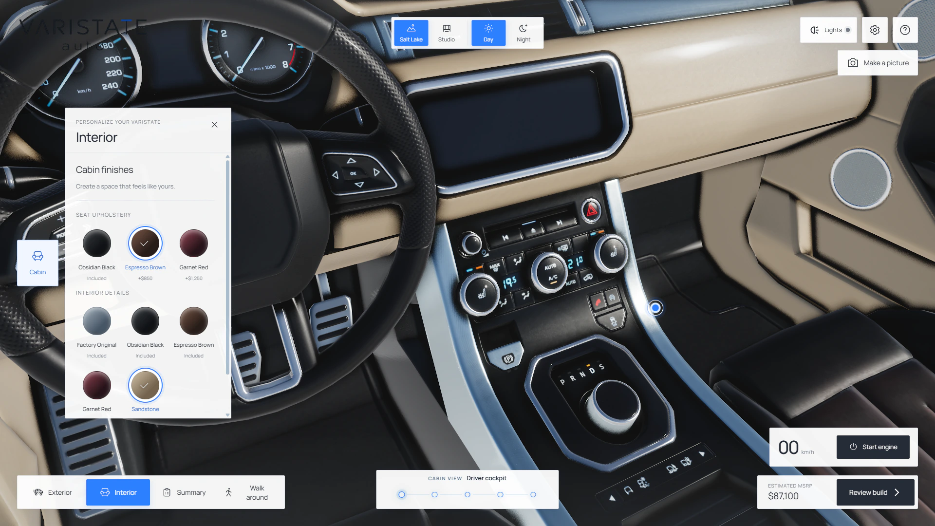 AUTO cabin panel with separate seat upholstery and interior detail swatches beside the dashboard.