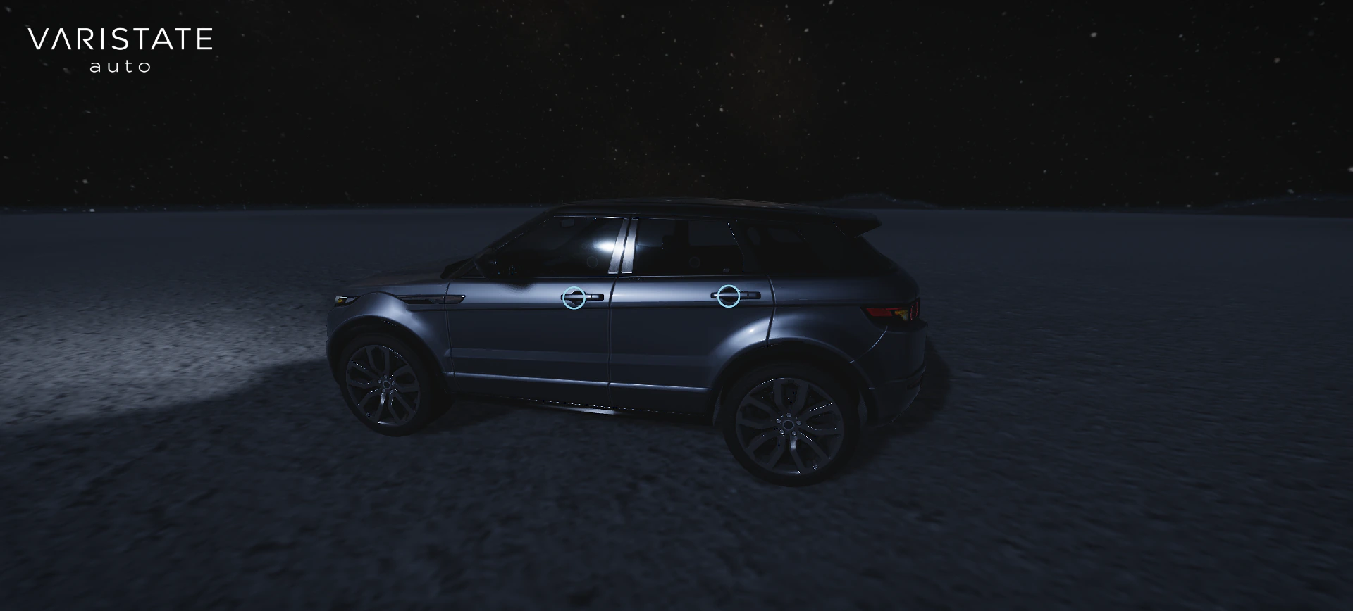 Side profile of the silver SUV under a starry night sky on a dimly lit salt flat.