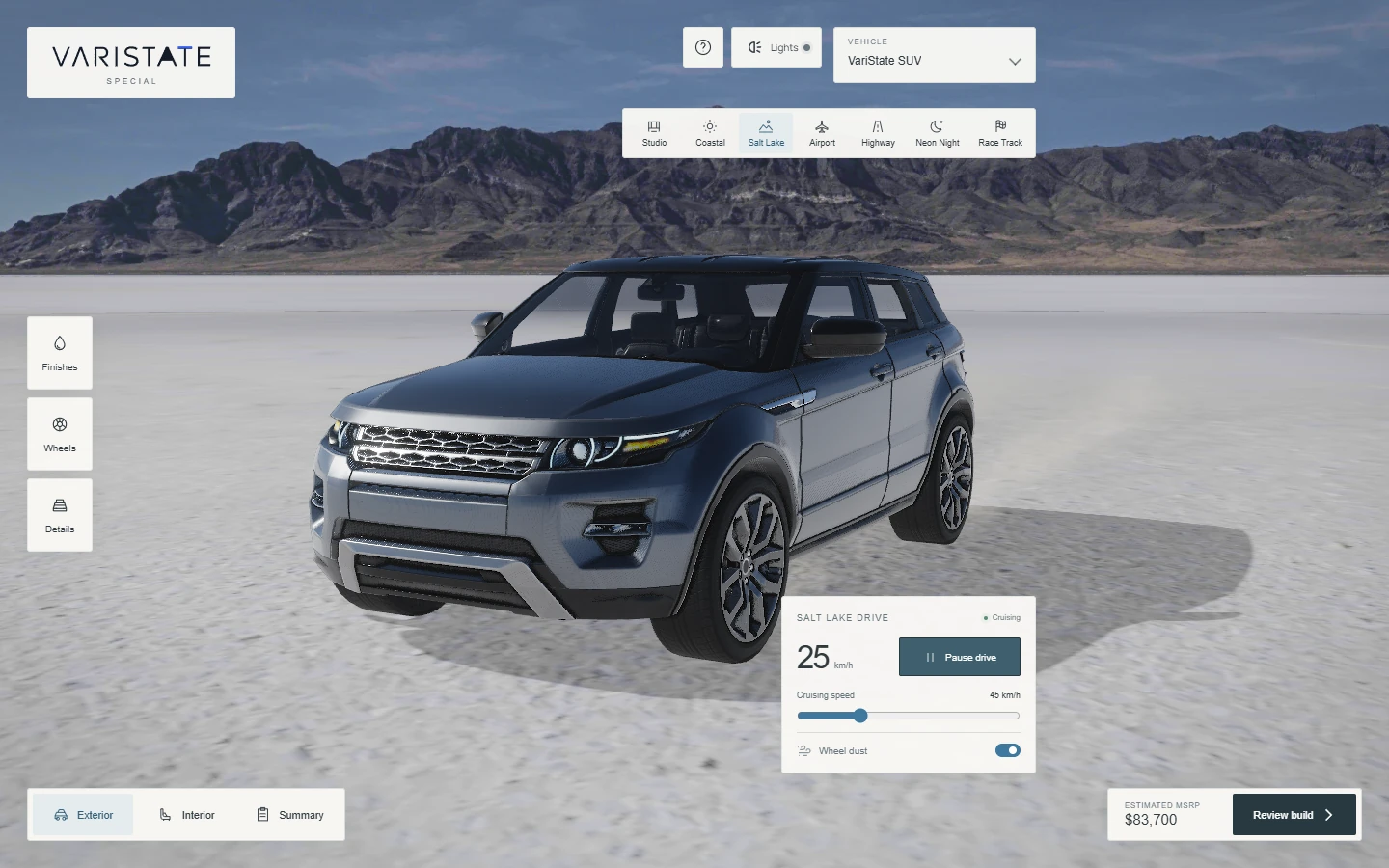 Off-road SUV on the Salt Lake flats with driving controls open.
