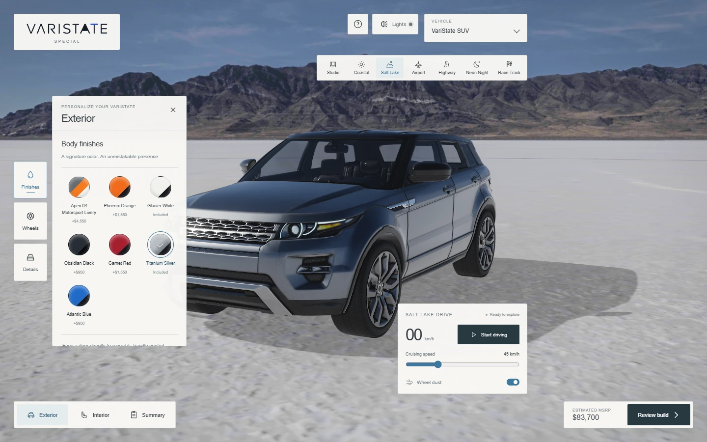 Off-road SUV on the Salt Lake flats beside body finish swatches and build controls.