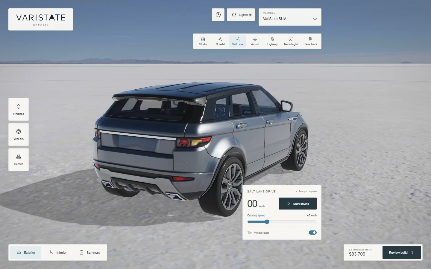 Rear three-quarter view of the configured SUV on the Salt Lake flats with Salt Lake selected.