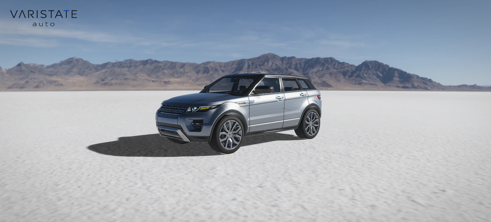 Titanium silver VariState SUV in a front three-quarter view on a white salt flat.