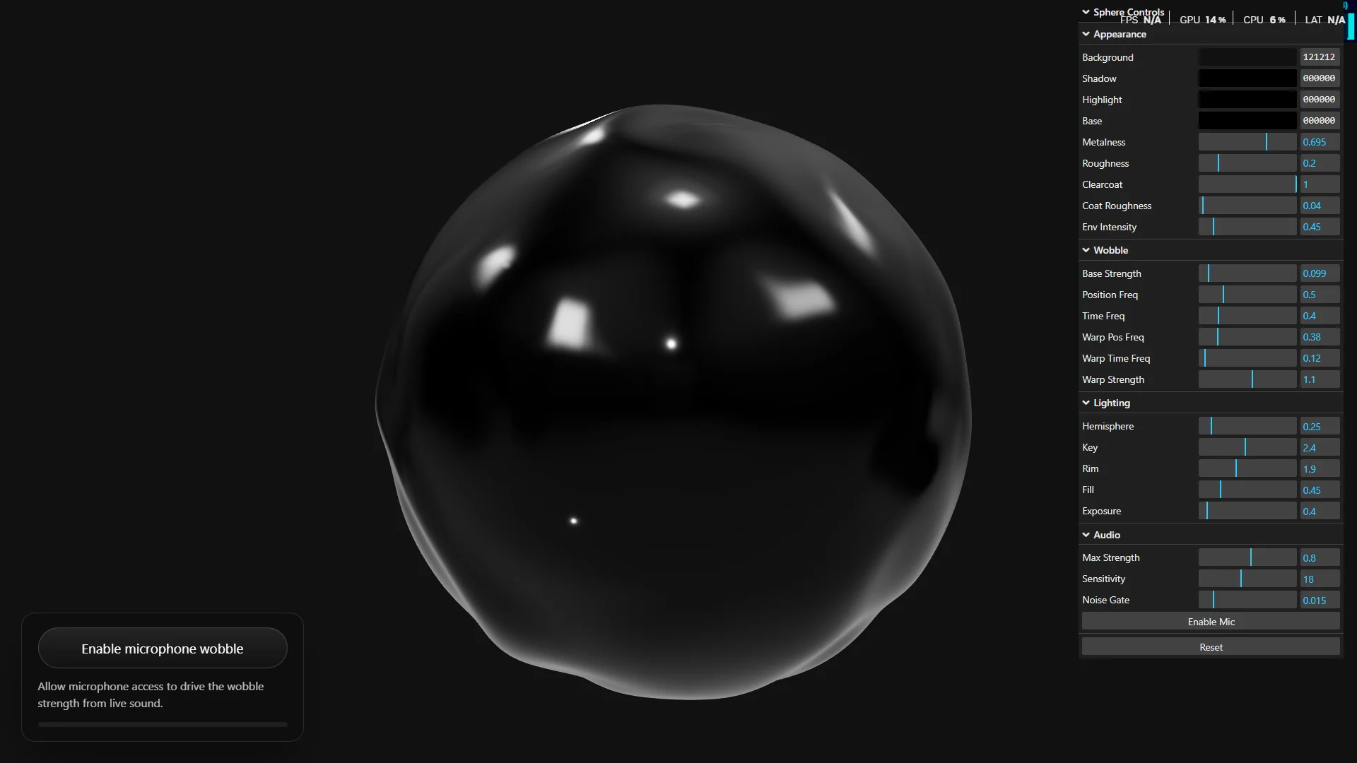 Sound Wobble sphere with shader displacement and tuning controls.