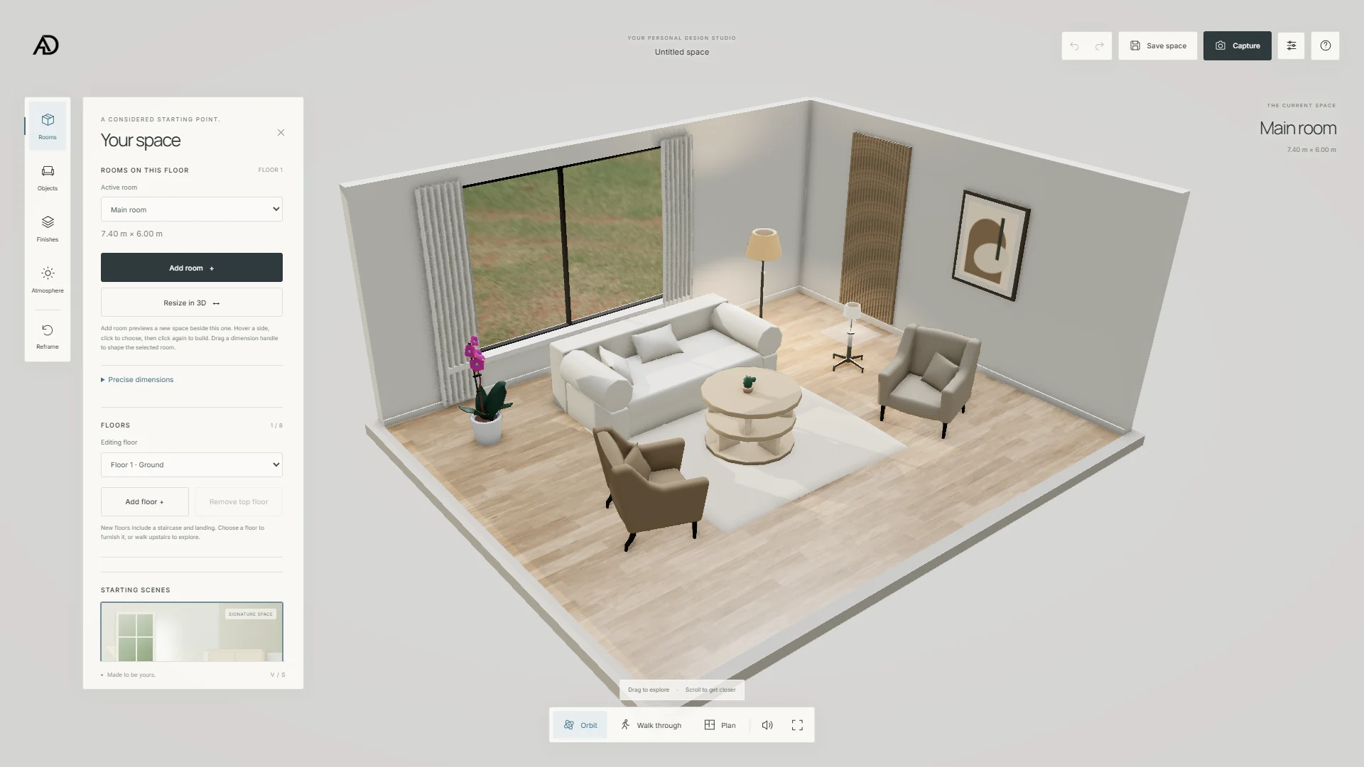 Furnished 3D room with room editing controls open in Space Design Studio.