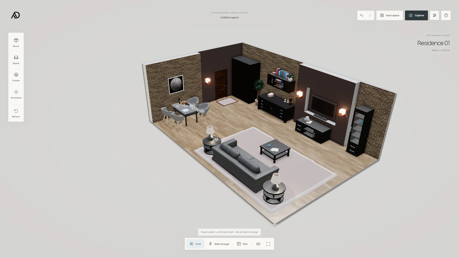 Furnished residence viewed from above with the interior studio controls visible.