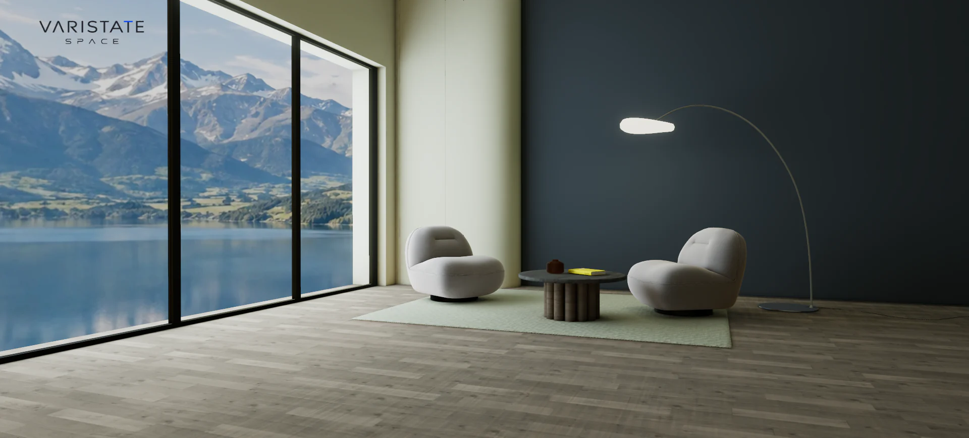 Lounge with grey-toned floor, dark round table, pale green rug, and blue wall.