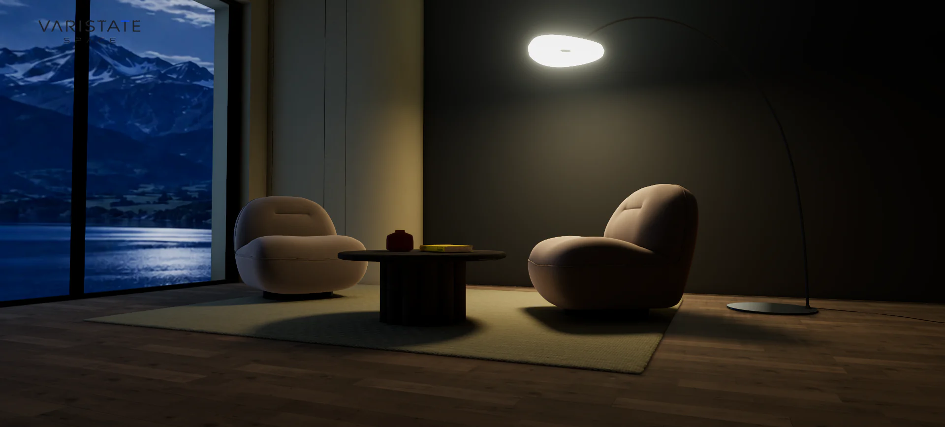 Wide evening view of the lounge under warm lamplight with a blue mountain lake beyond the windows.