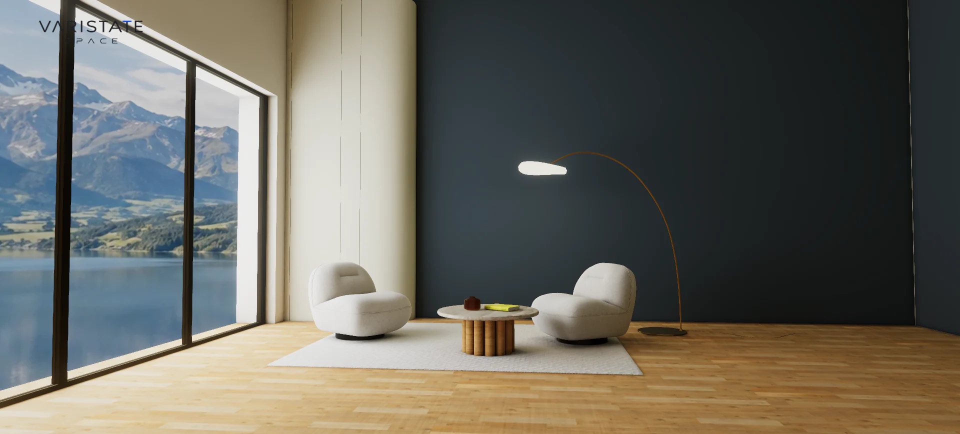 Cream lounge chairs, a round table, and an arc lamp against a deep blue wall beside a mountain lake.