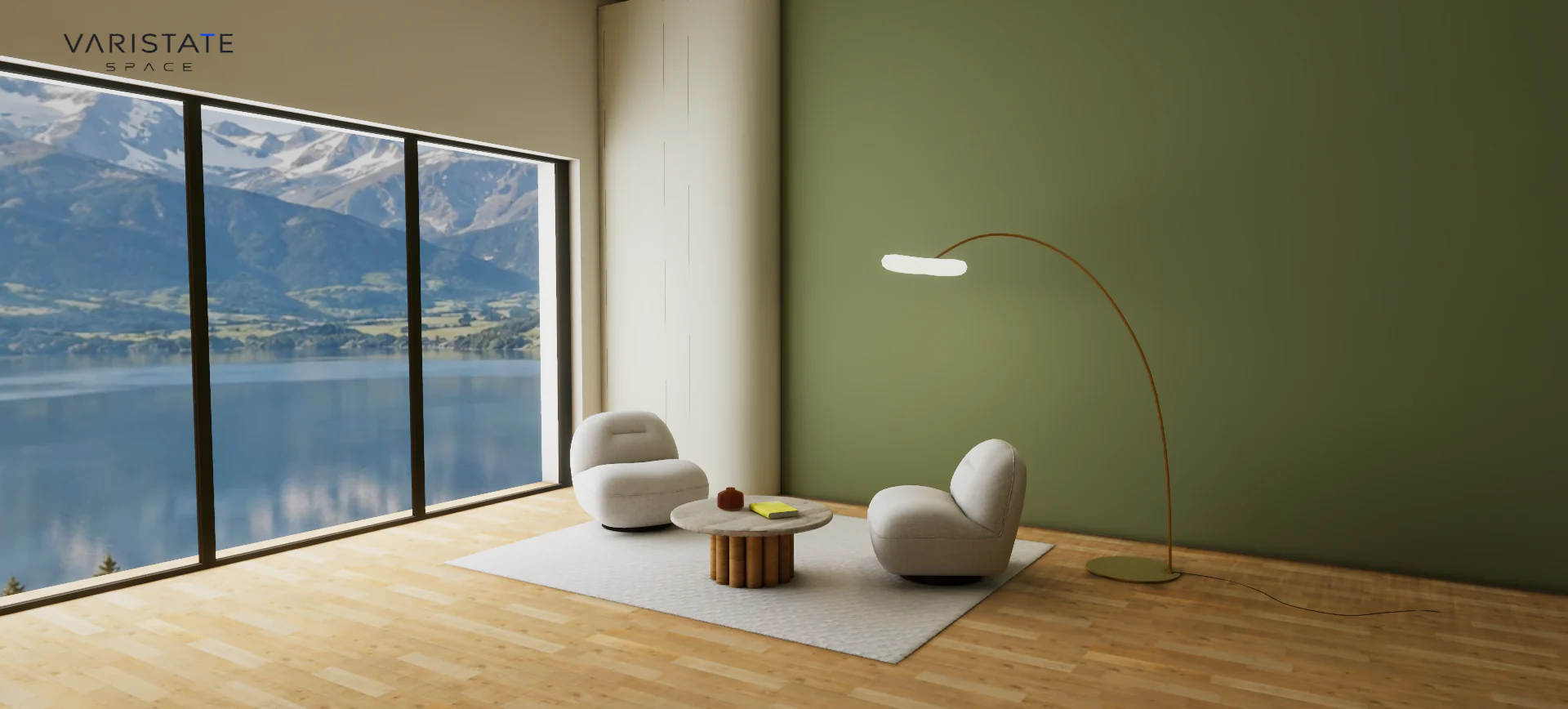 Olive wall, cream lounge seating, warm wood floor, and daylight through the lake-facing windows.