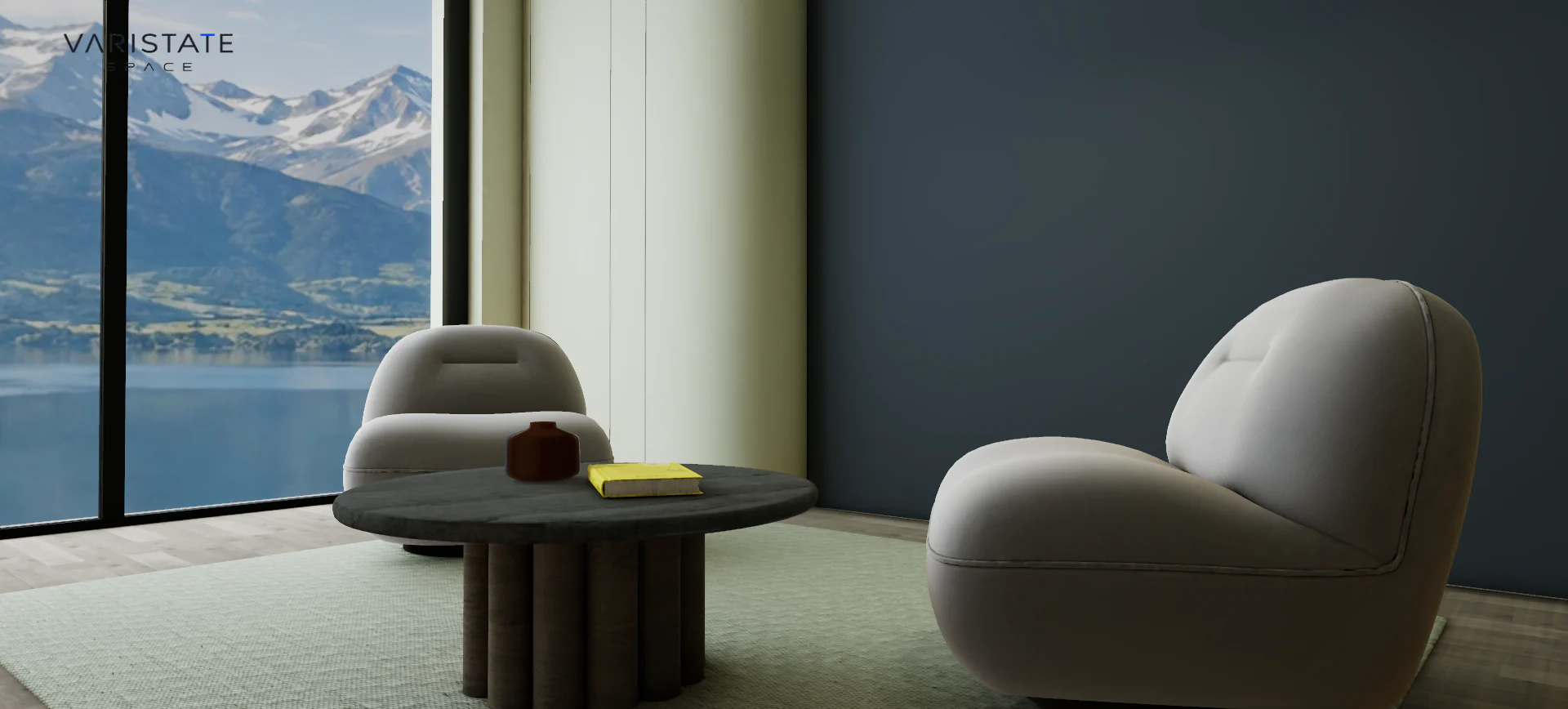 Close view of cream chair upholstery and a dark tabletop beside the daylight lake view.