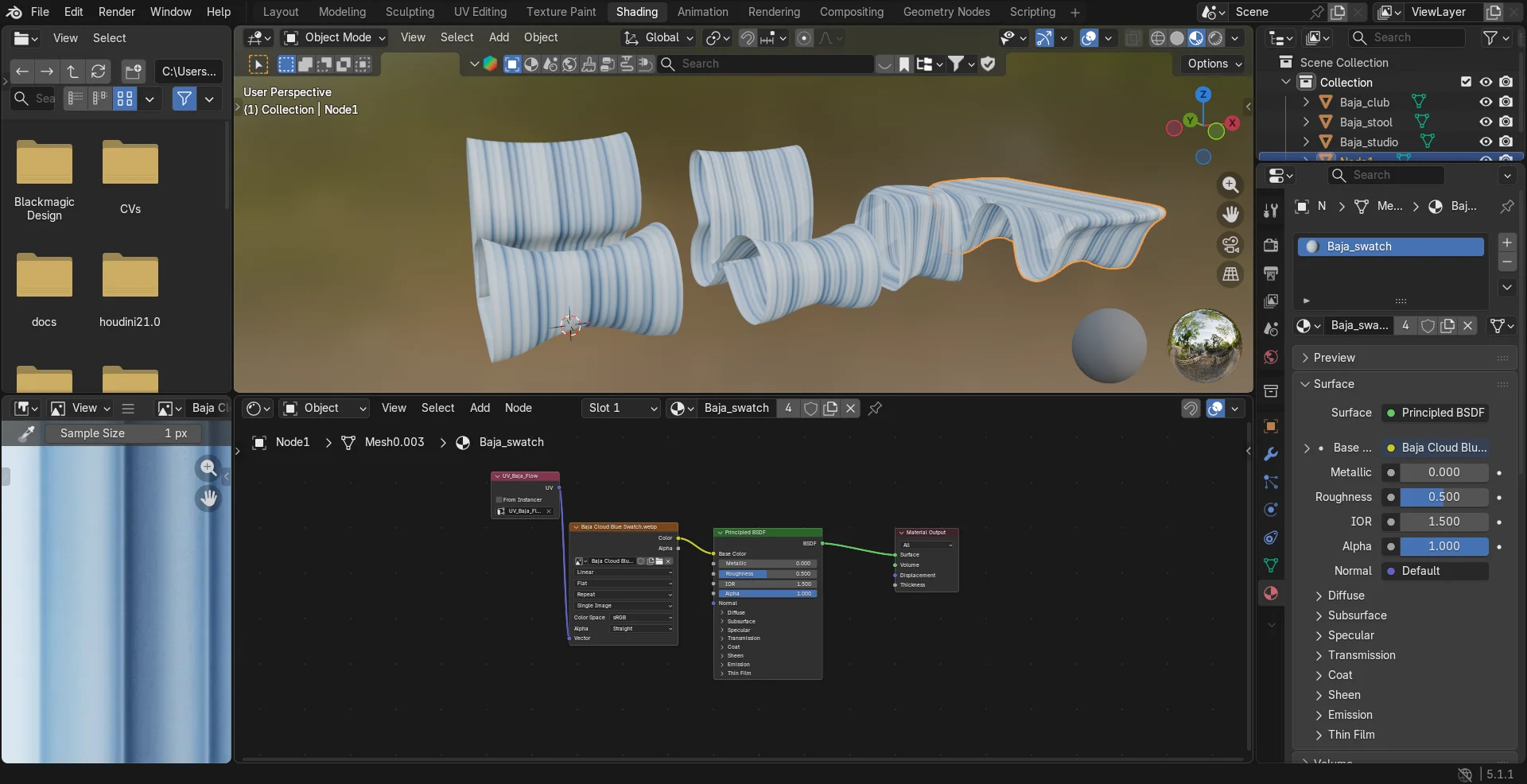 Blender shading workspace with the Baja swatch material node graph and the series models.