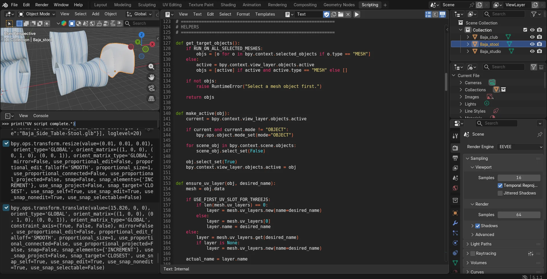Blender scripting workspace with the Python UV script that fixes the Baja series mapping.