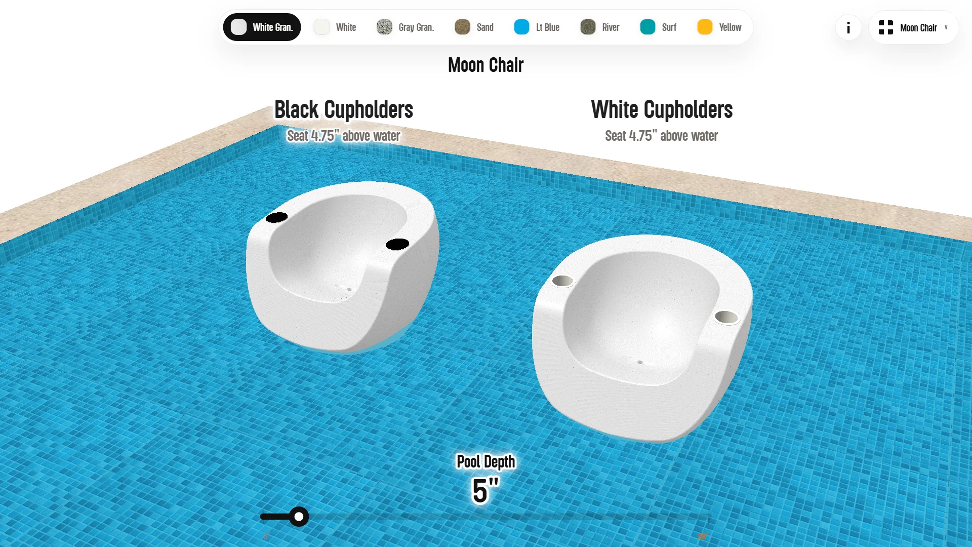 Moon Chair in the configurator, comparing black and white cupholder options.