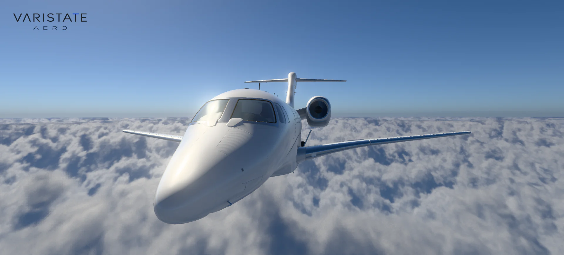 VariState Aero private jet above a detailed cloud deck, seen from the front and side.
