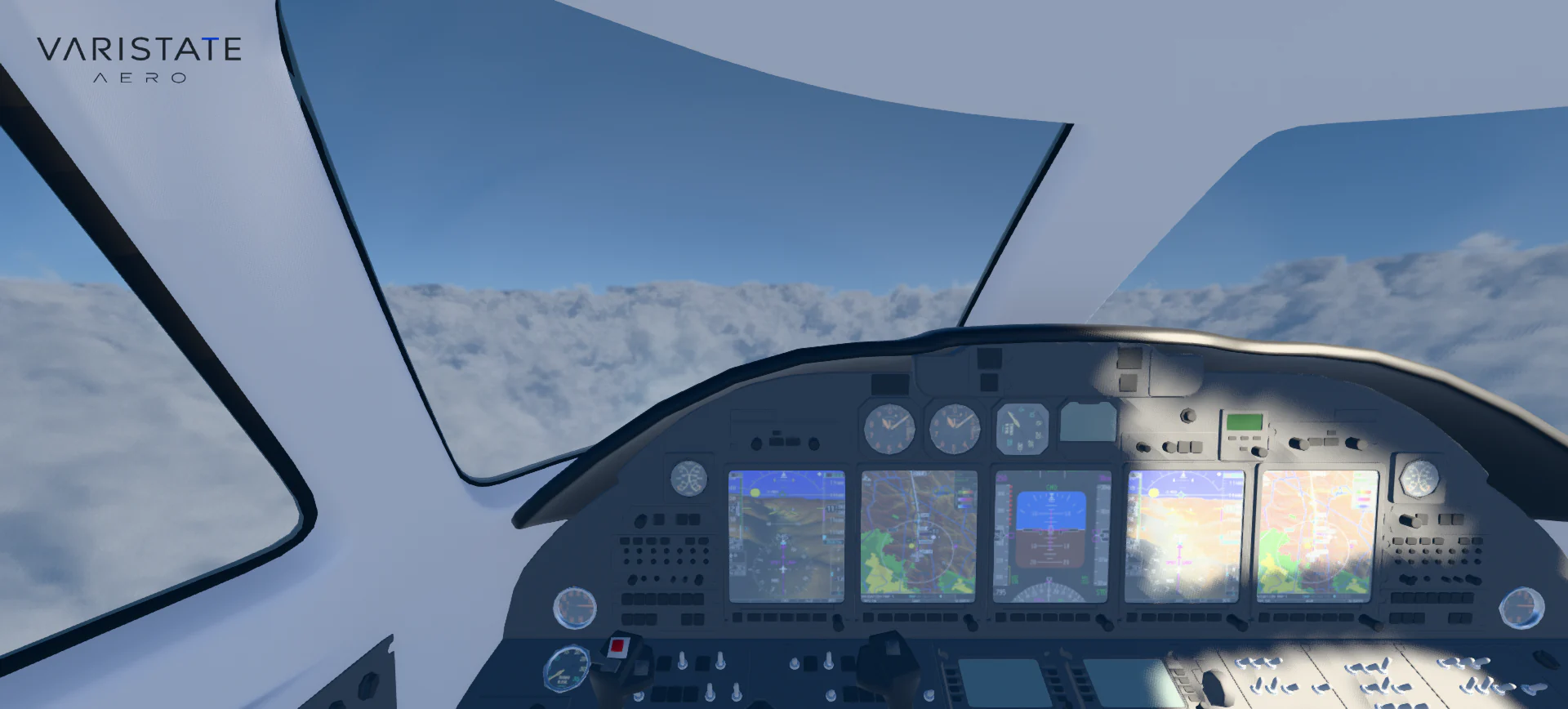 Illuminated aircraft cockpit panel with clouds visible through the windshield.