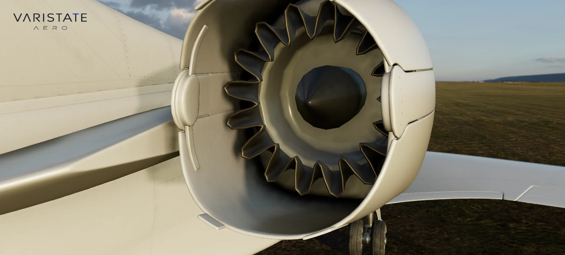 Close view of the private jet engine intake, fan blades, and cream paint.