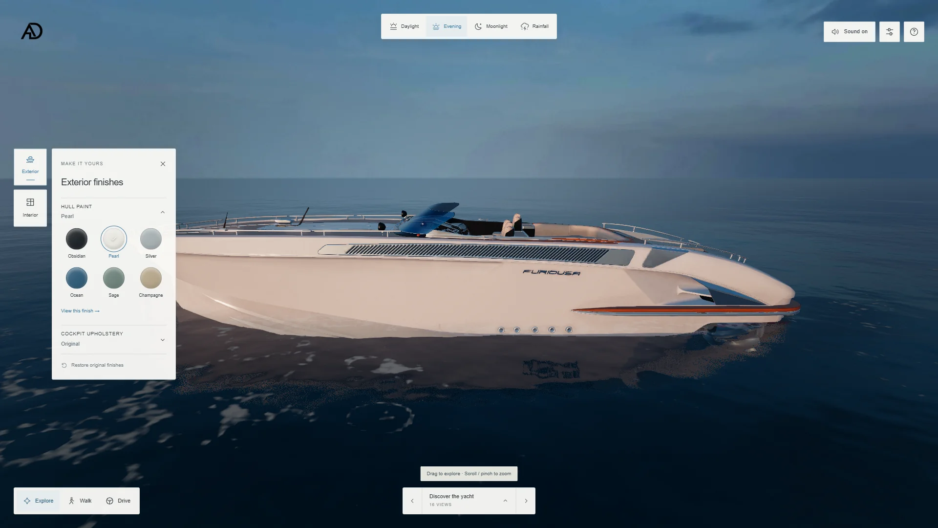 Pearl-colored yacht in the Evening atmosphere with the lighting controls visible.